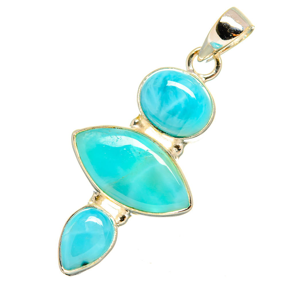 Larimar pendant with round top stone and two teardrop stones, gold-tone setting