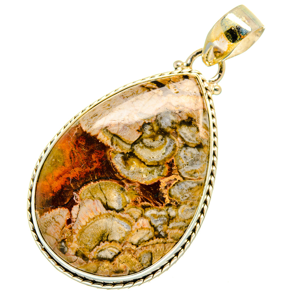 Teardrop mushroom rhyolite pendant in polished 925 sterling silver with textured bail