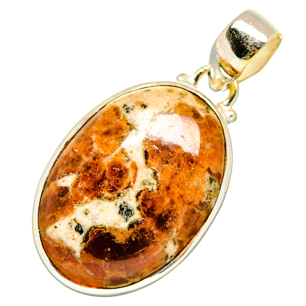 Oval muscovite pendant in 925 sterling silver with amber orange marbled stone
