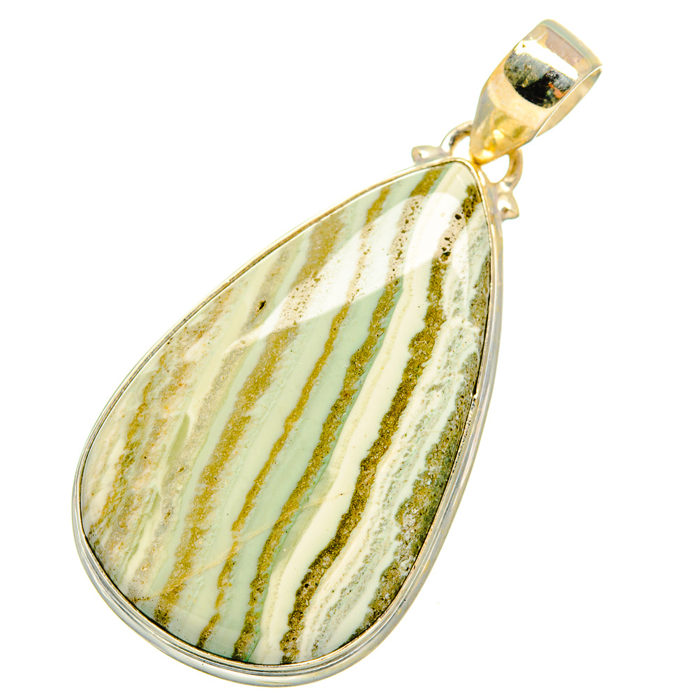 Ocean jasper teardrop pendant in 925 sterling silver setting, gold-green banded stone.