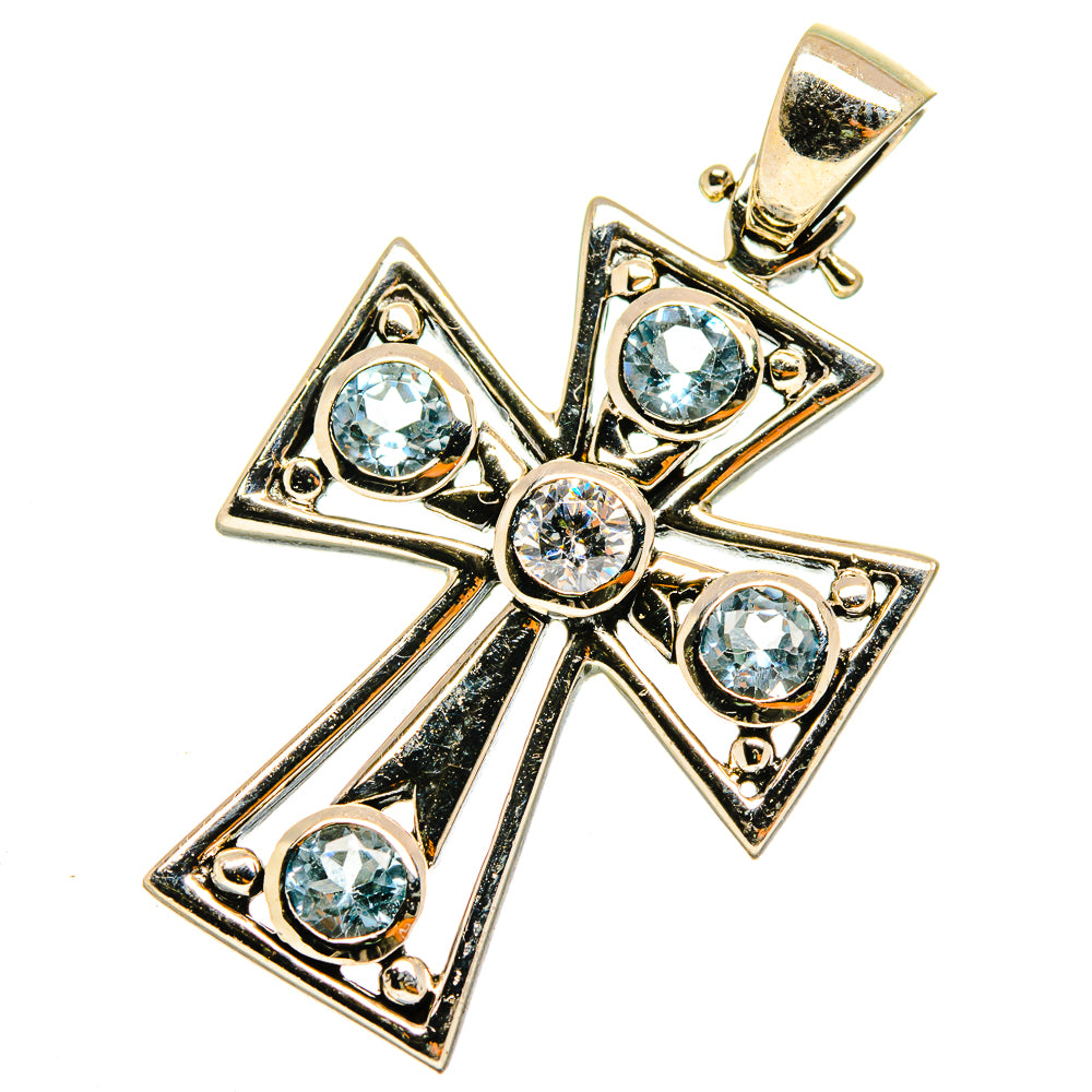 925 sterling silver blue topaz cross pendant with round blue gemstone accents