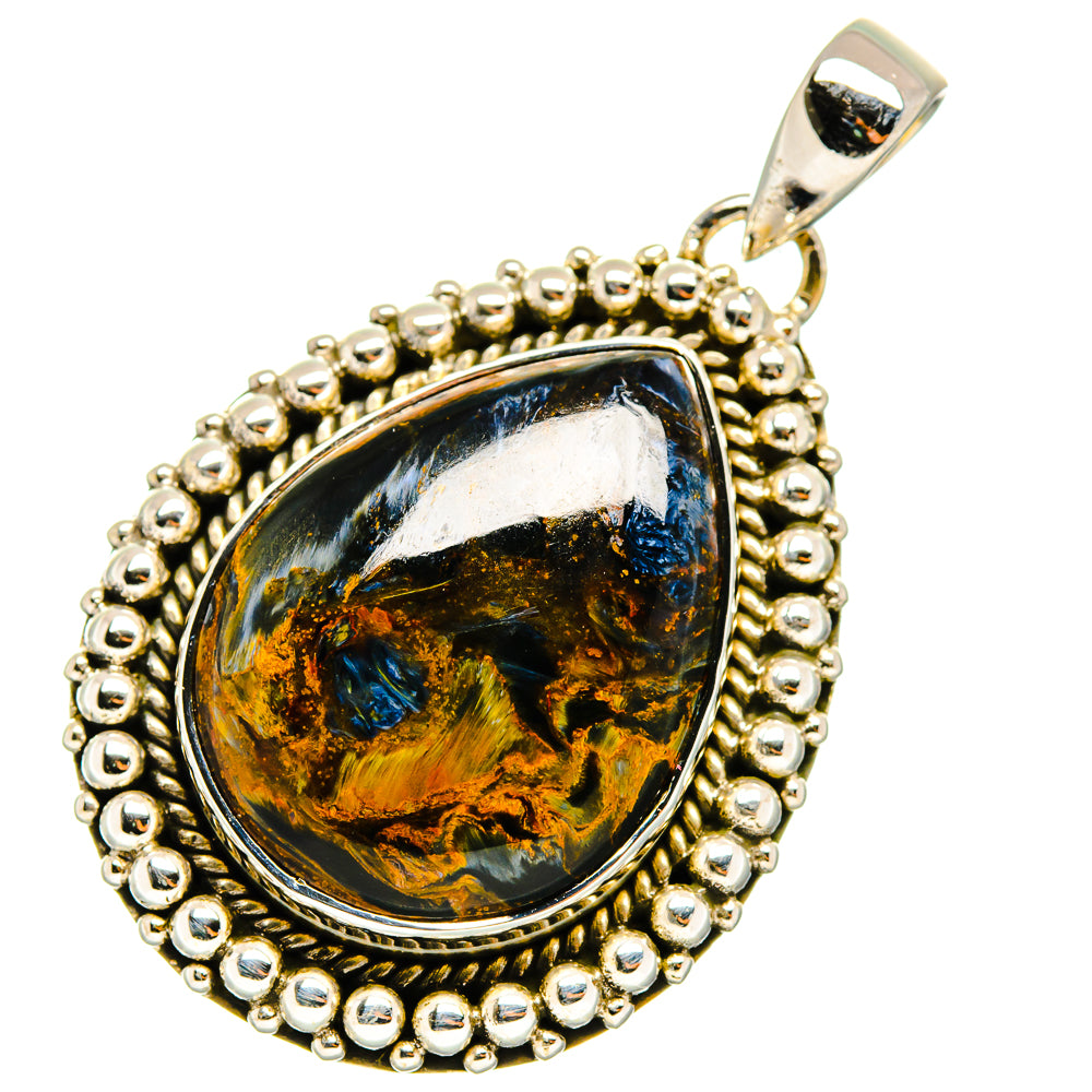 Sterling silver teardrop pendant with oval blue-gold pietersite stone and beaded rim