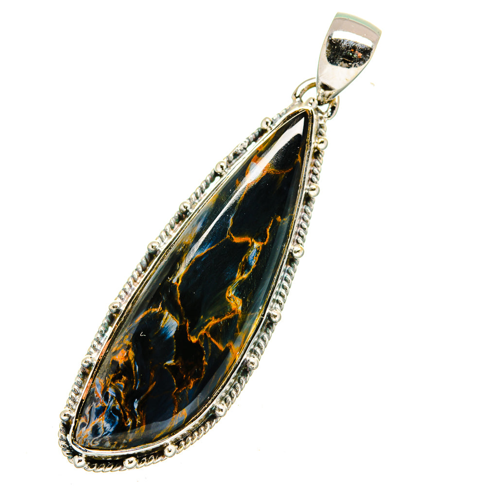 Sterling silver pendant with teardrop pietersite, dark blue-black with gold veins