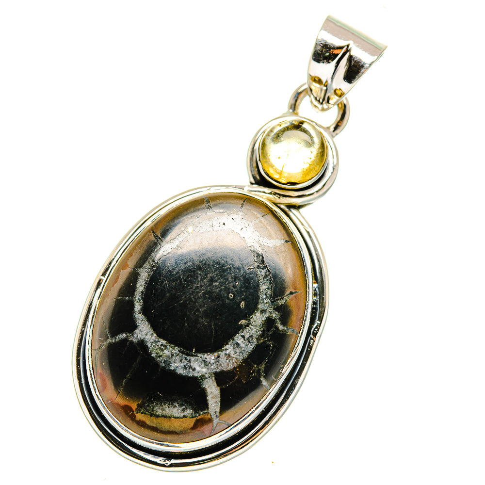 Septarian geode pendant with oval black and gold veined stone, citrine bead top, silver