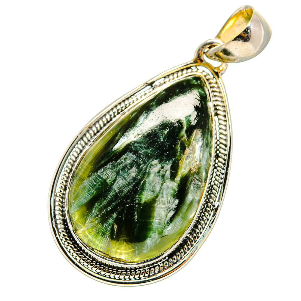 Seraphinite pendant in 925 sterling silver teardrop bezel with green stone