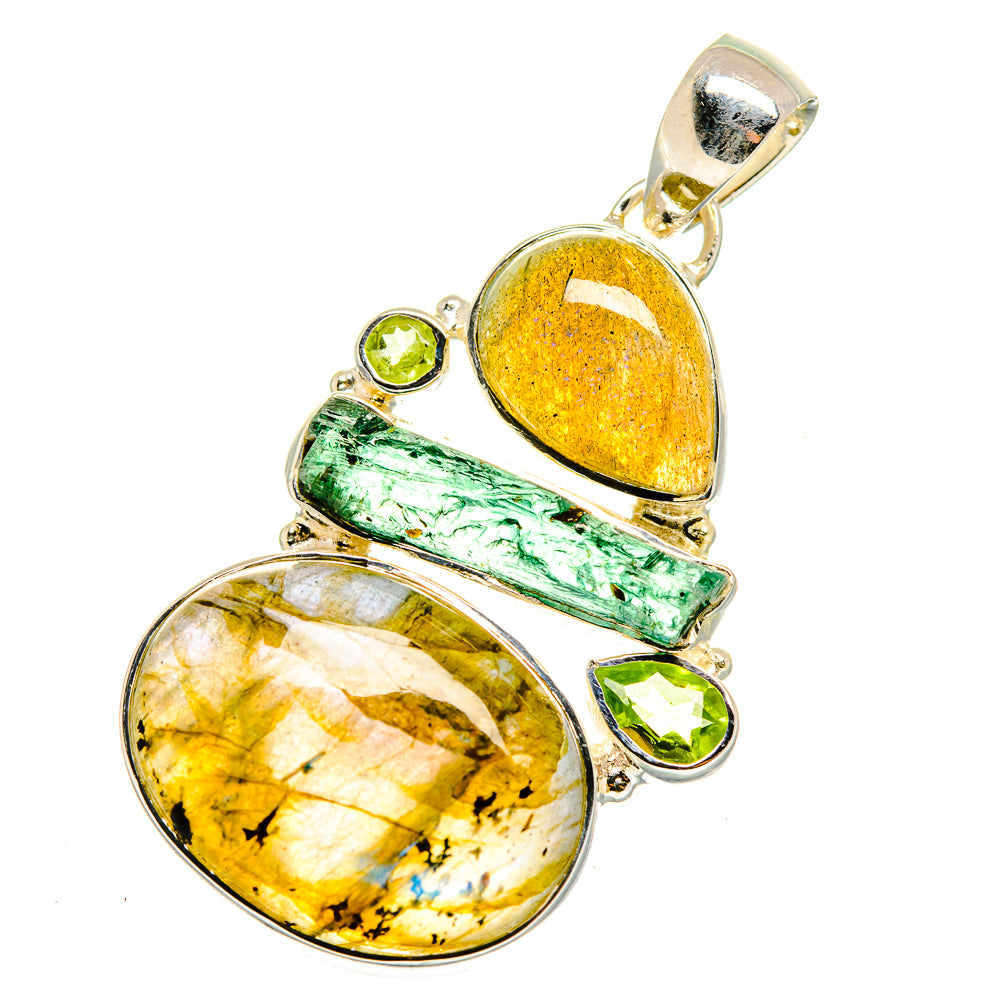 Sterling silver pendant with green tourmaline, yellow labradorite, and peridot drops