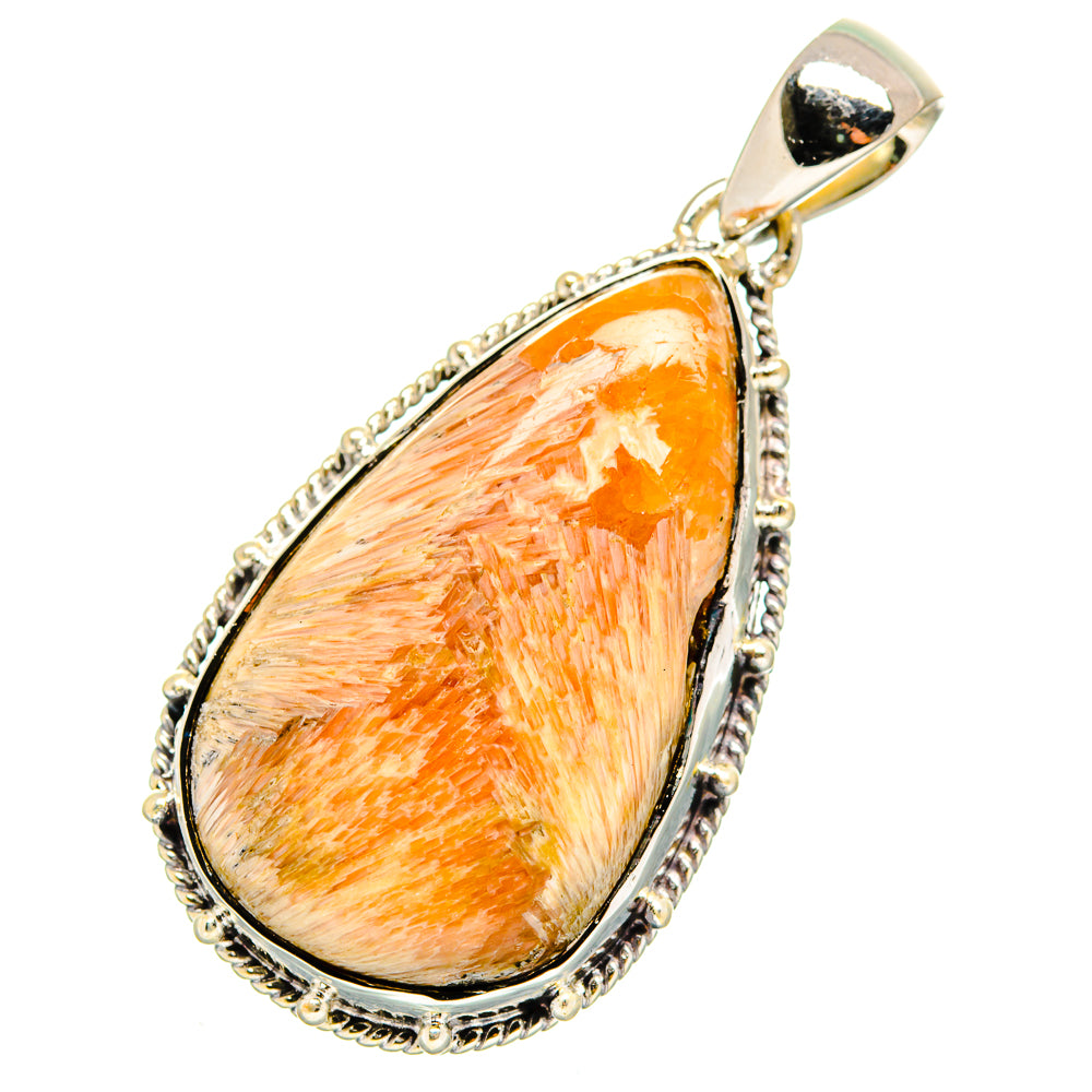 Scolecite pendant in teardrop orange stone with sterling silver bezel and bail