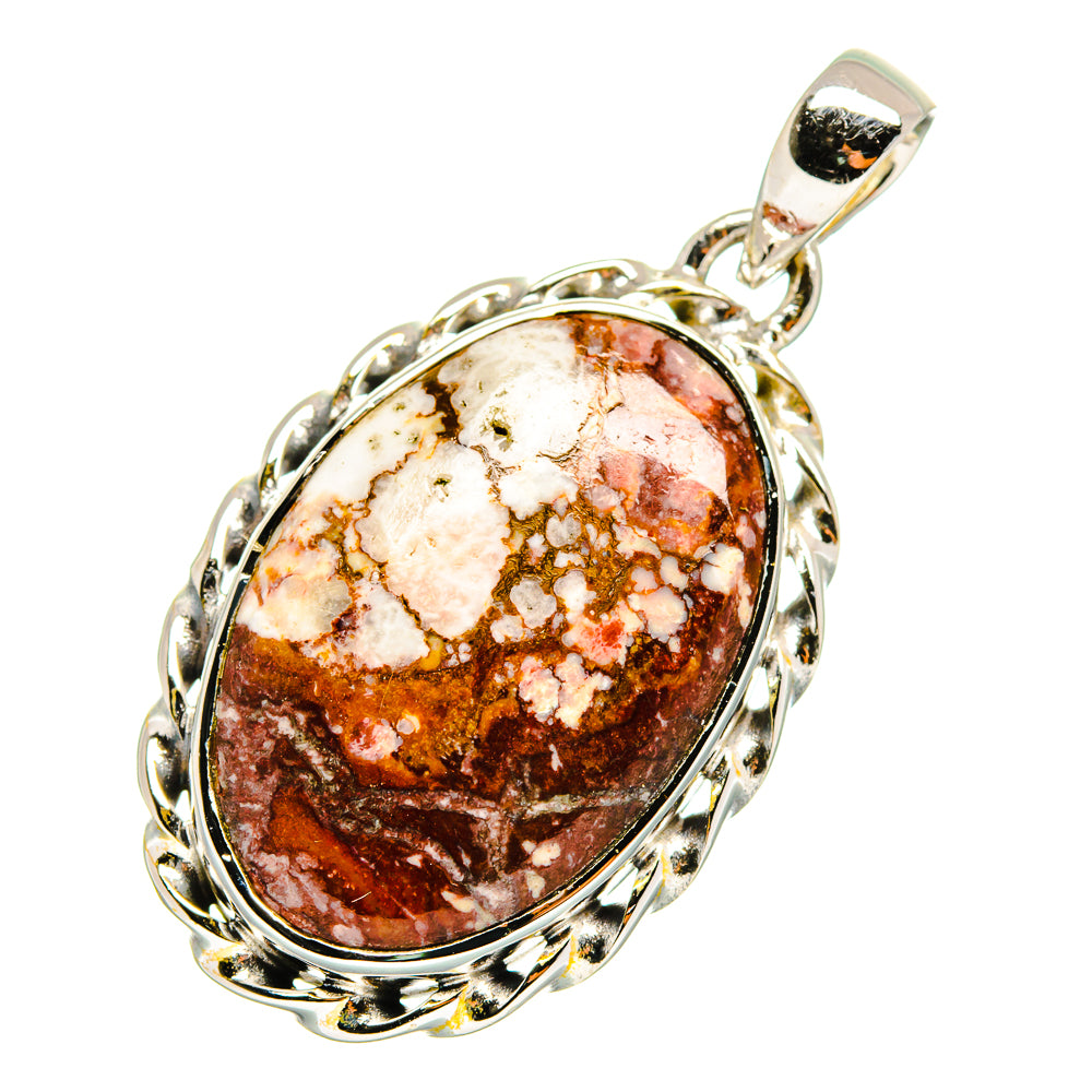 Oval marbled stone pendant with silver prong frame and bail, dark brown and cream