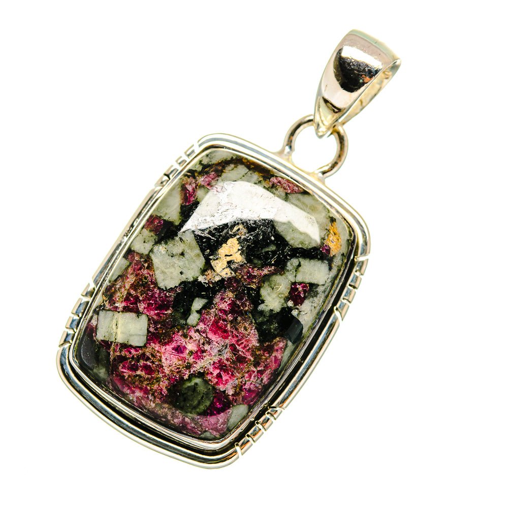 Rectangular silver eudialyte pendant with open bail and bezel-set stone, pink and black pattern.