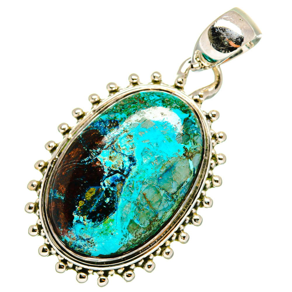 Oval chrysocolla pendant with turquoise cabochon, 925 sterling silver bezel and bail