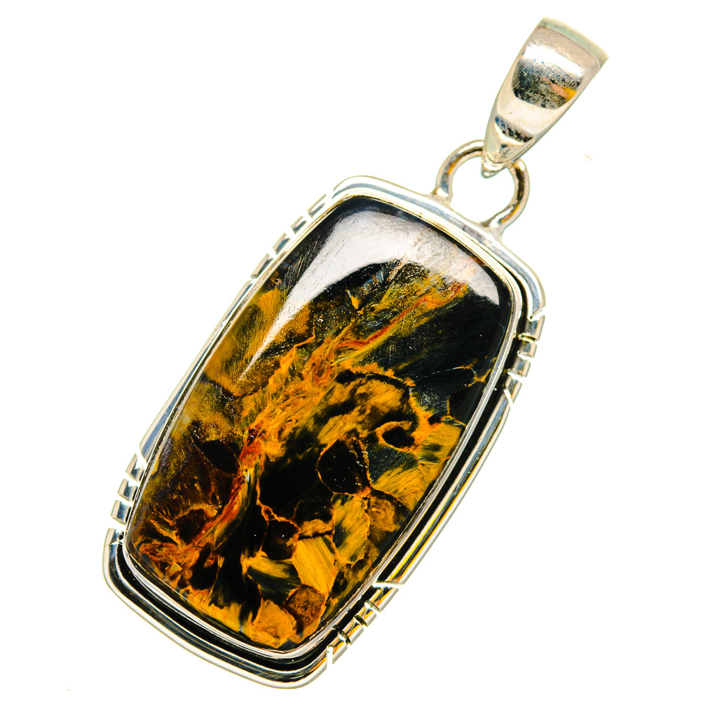 Rectangular pietersite pendant with sterling silver frame and bail, dark gold and black stone
