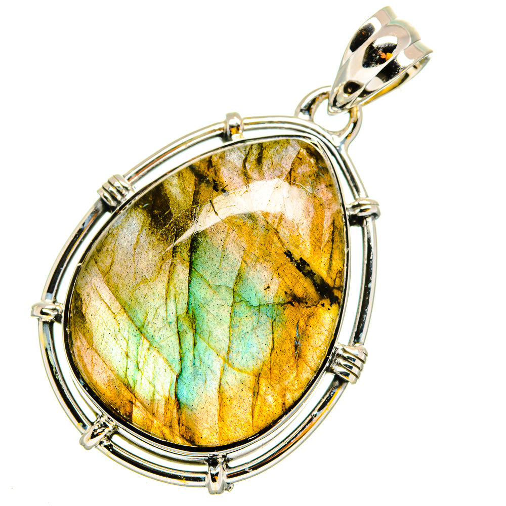 925 sterling silver labradorite pendant with oval bezel and yellow-green cabochon
