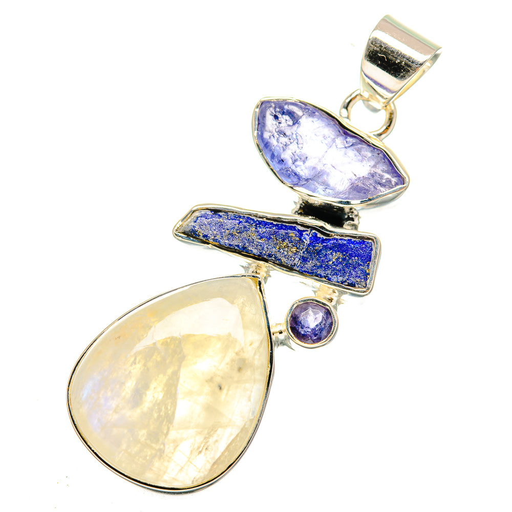 Sterling silver gemstone pendant with oval moonstone, blue lapis bar, and tanzanite teardrop