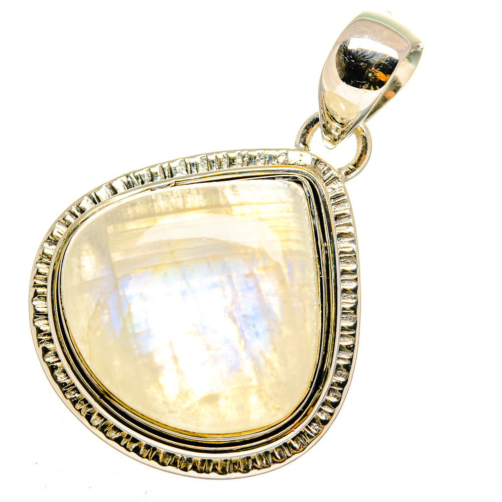 Sterling silver moonstone pendant with oval rainbow gemstone and ornate frame