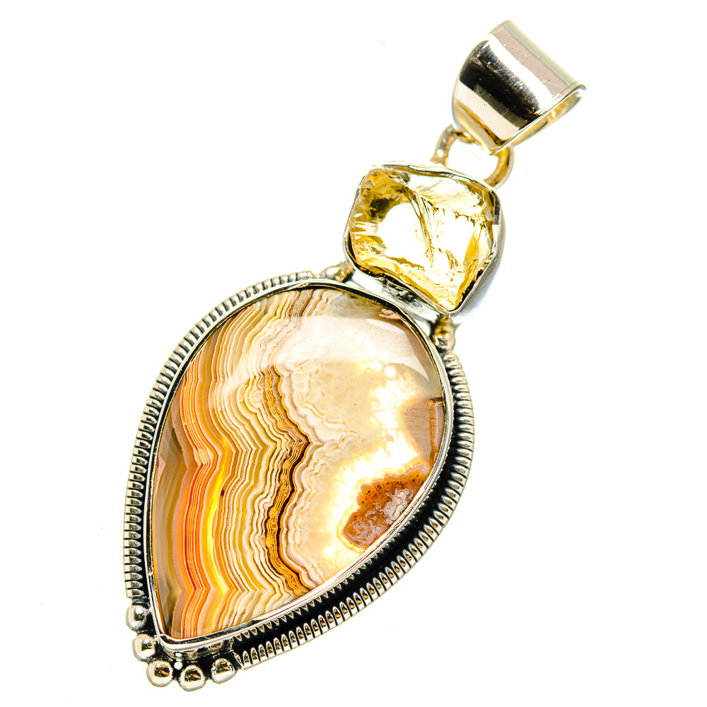 Sterling silver pendant with lace agate drop and yellow citrine square, bail and beaded rim