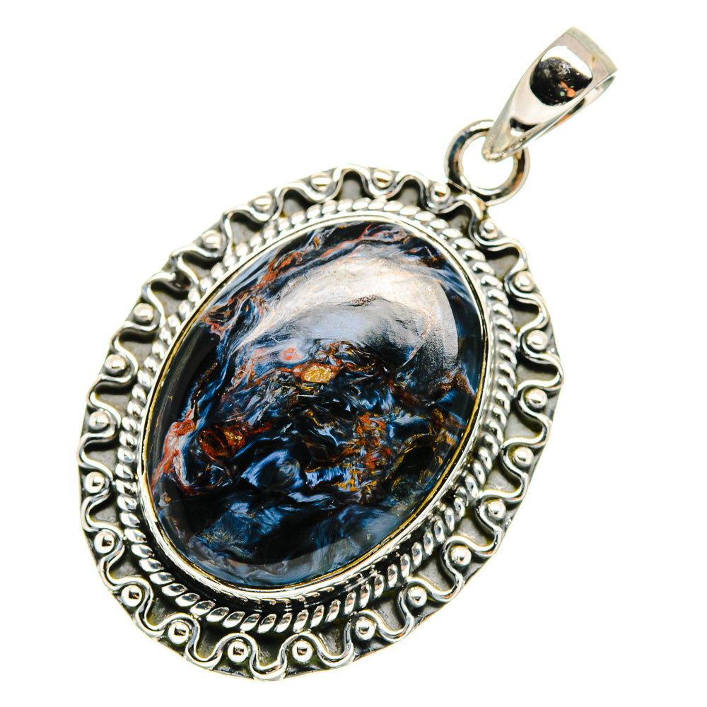 Sterling silver pietersite pendant with ornate oval setting and silver bail, blue-and-brown stone