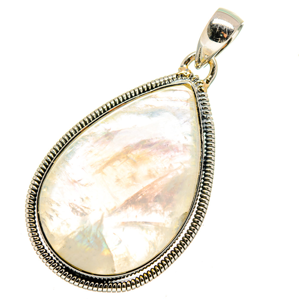 Teardrop moonstone pendant with iridescent center, silver beaded edge, top bail