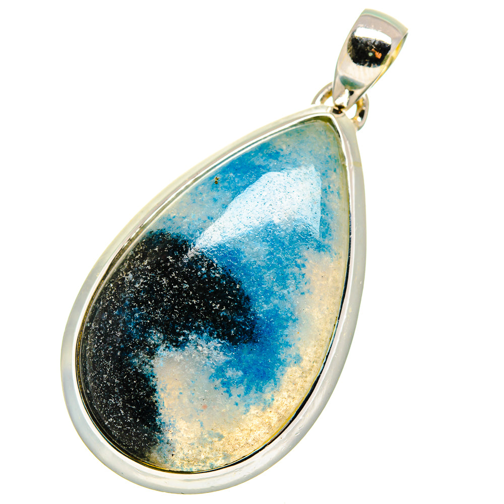 Teardrop apatite pendant with blue druzy stone and silver bail, bezel edge visible