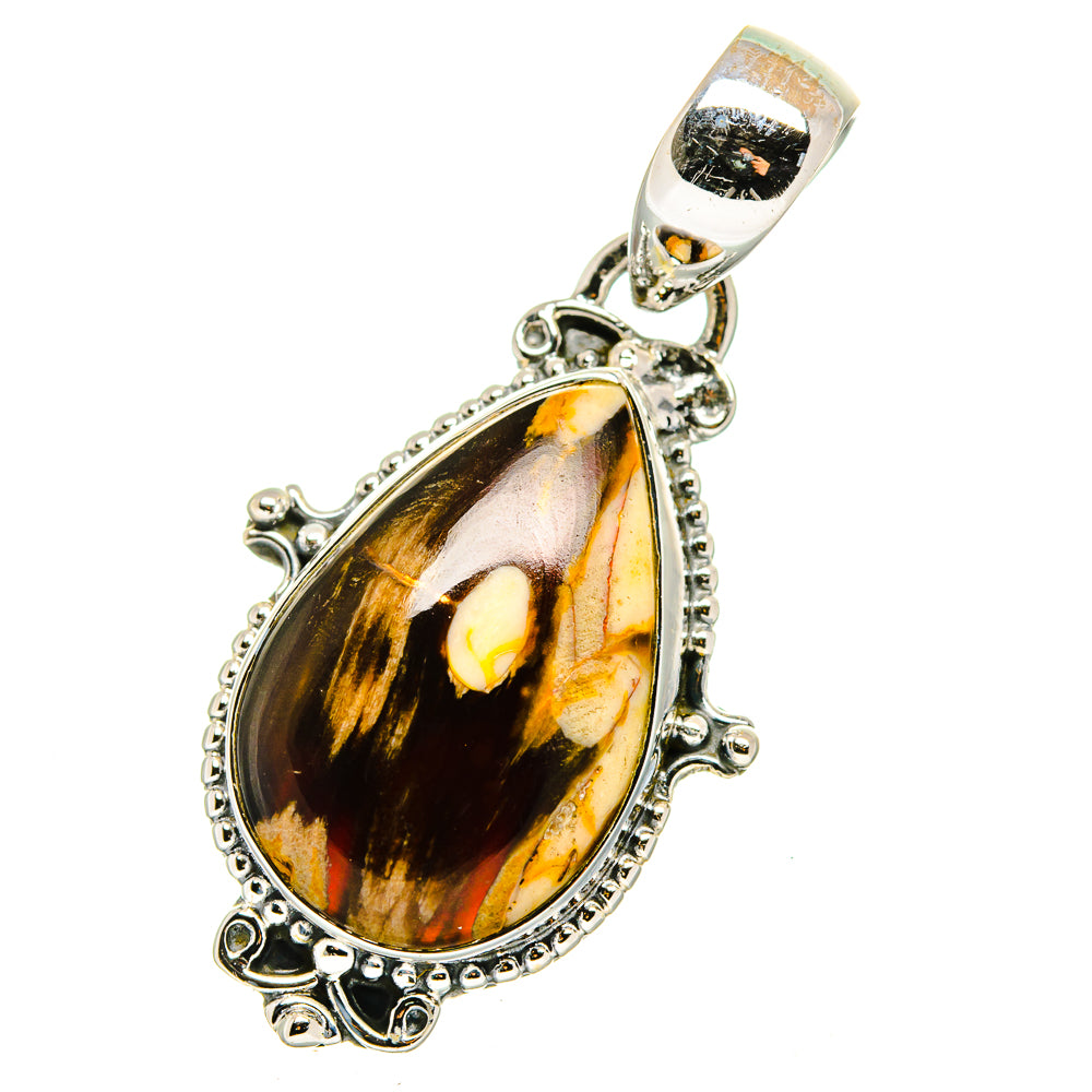 Jasper drop pendant with silver prong and bead detailing; marbled black, gold, amber stone.