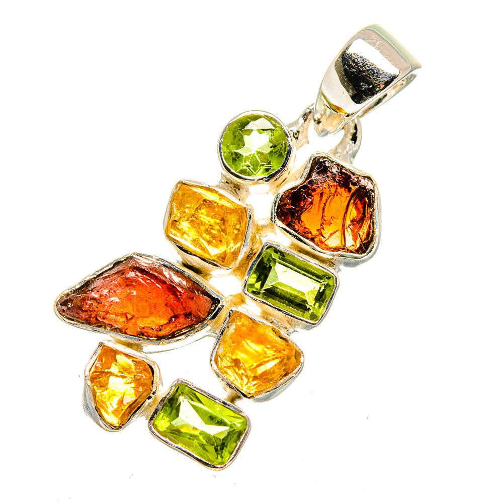 Sterling silver pendant with green, yellow, orange, and red rough gemstones, loop bail