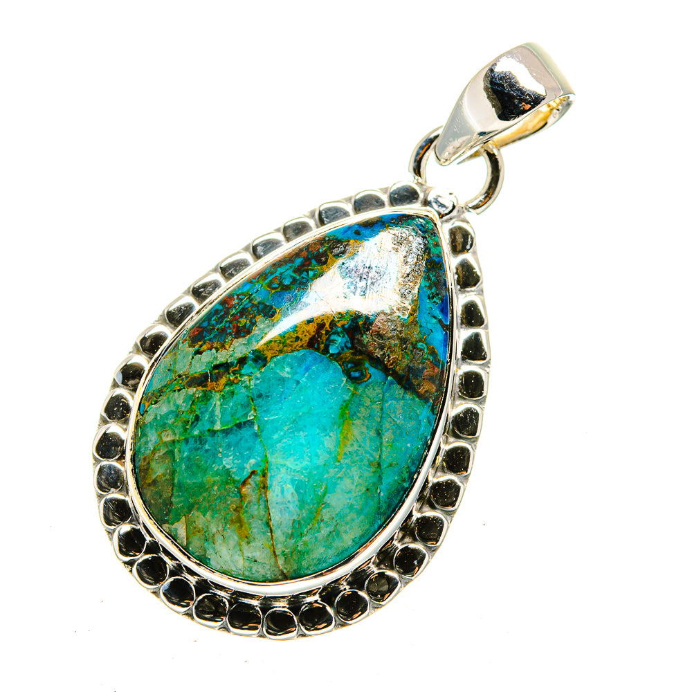 Chrysocolla pendant in sterling silver, teardrop bezel with blue-green stone
