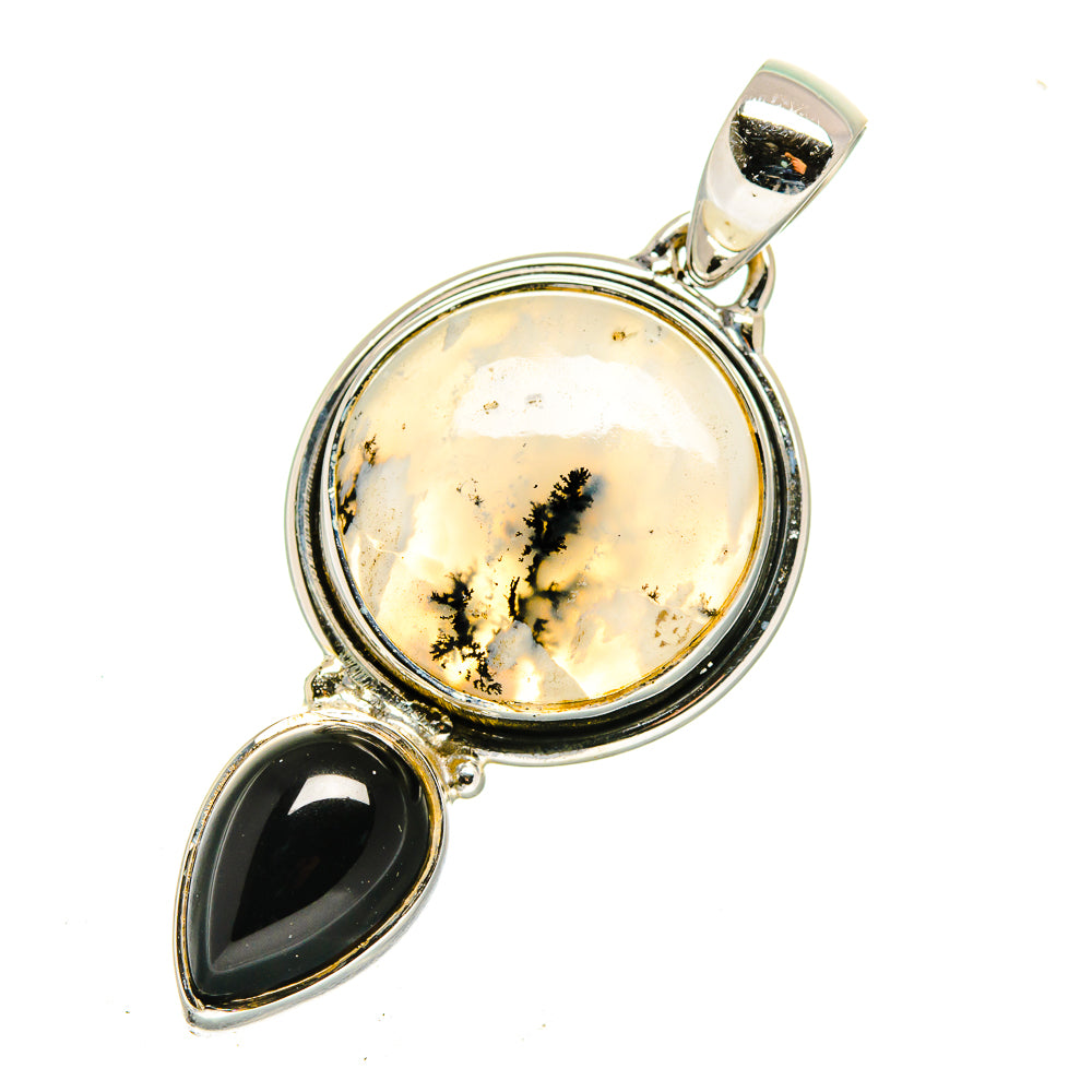 Sterling silver pendant with round dendritic opal cabochon and black onyx marquise drop
