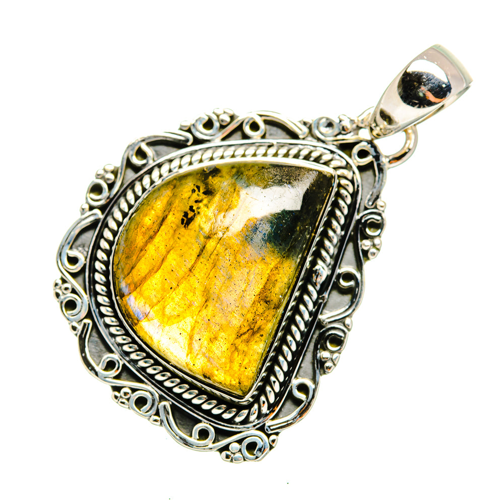 Sterling silver labradorite pendant with oval shield cabochon and decorative border
