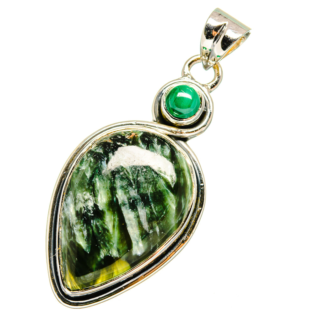 Sterling silver teardrop malachite pendant with green cabochon and oval frame