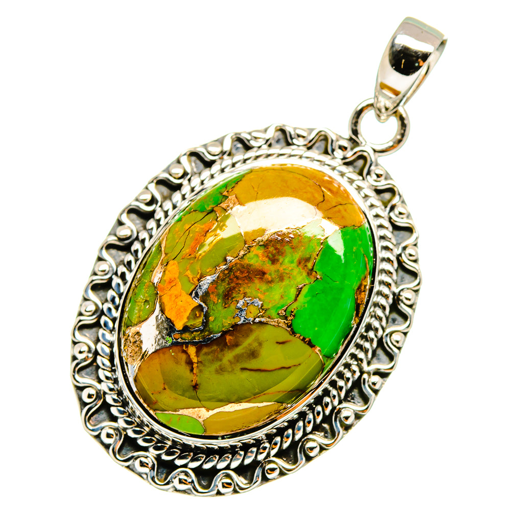 Green copper composite stone pendant, oval bezel with scalloped silver border