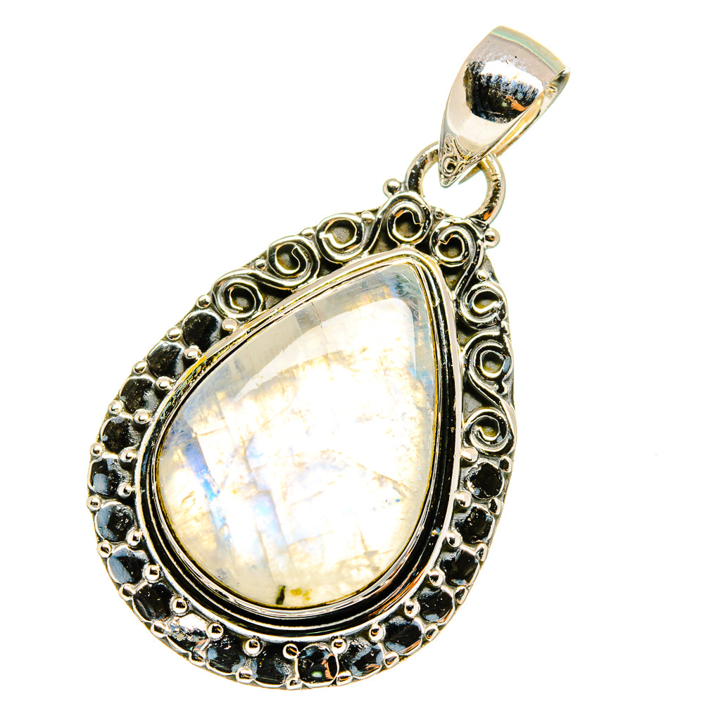 Teardrop moonstone pendant in silver with ornate beaded border and polished bail