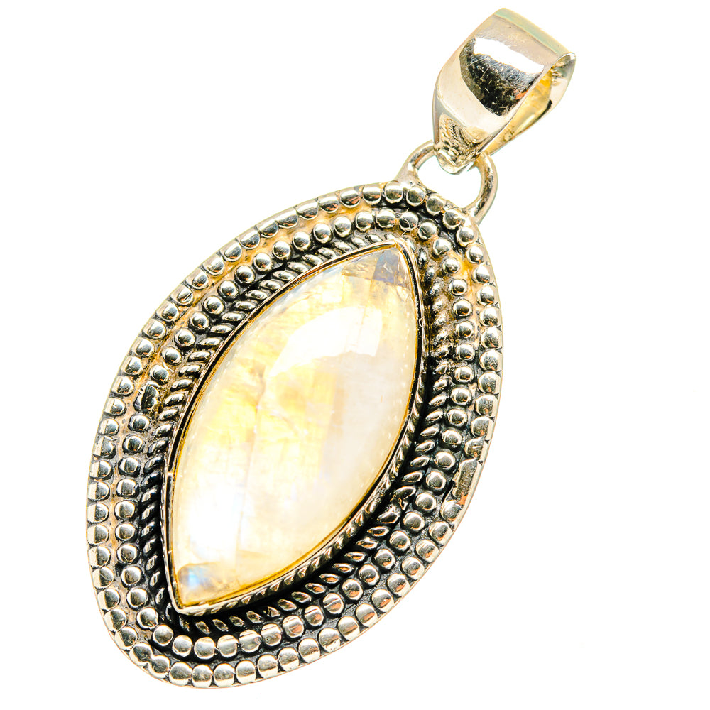 Moonstone pendant with teardrop cabochon and silver-tone beaded frame