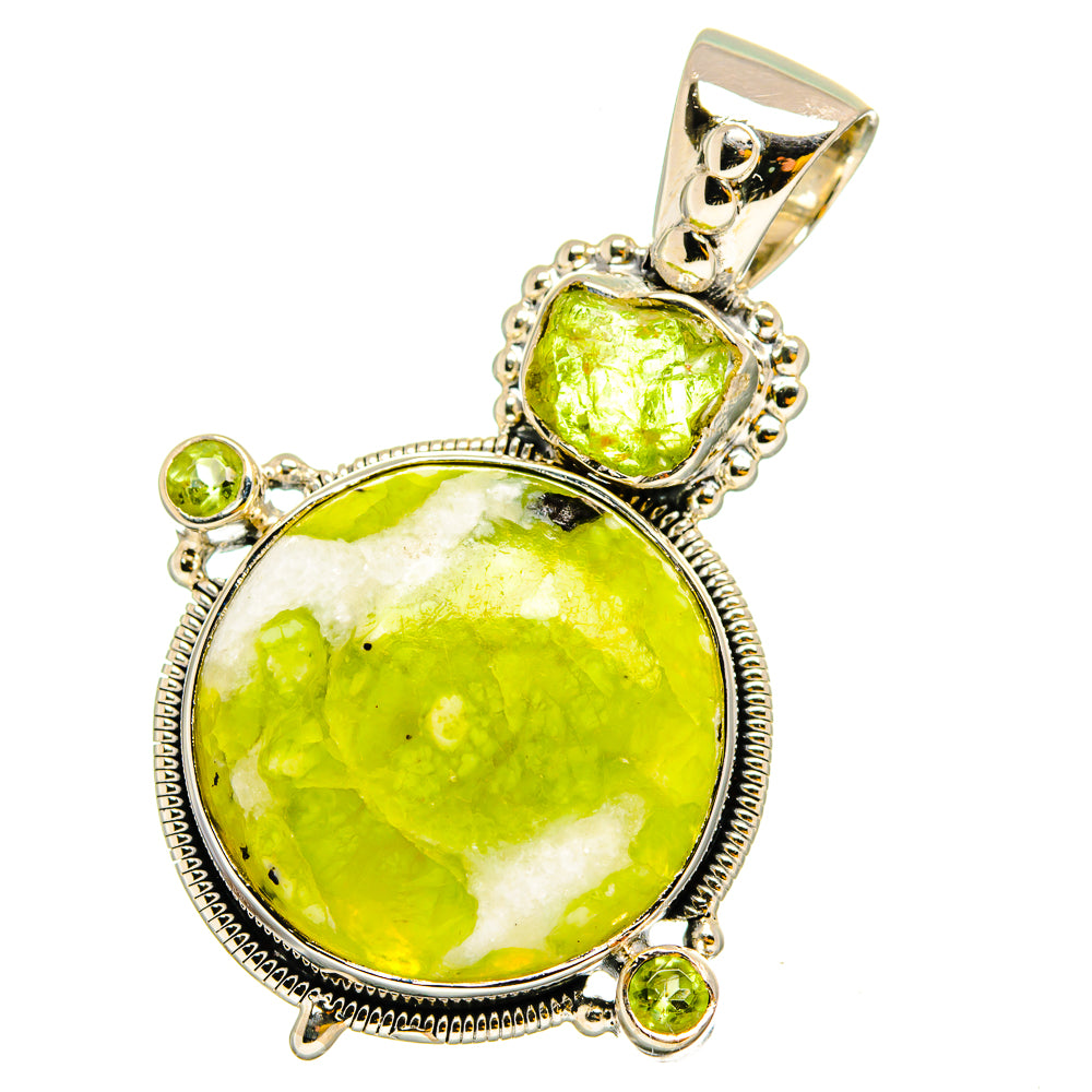 Sterling silver pendant with large oval green opal, round peridot accents, open bail