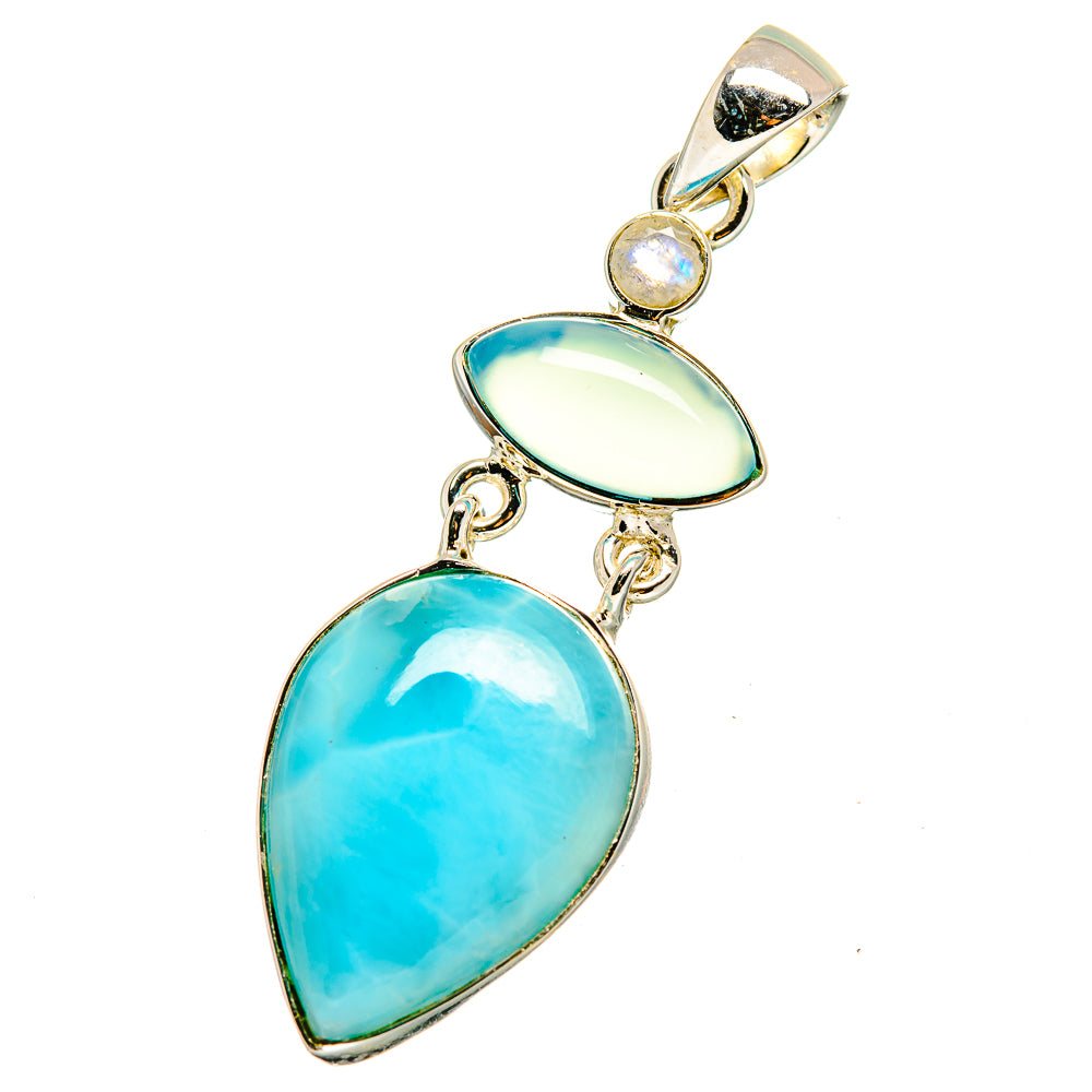 Sterling silver pendant with blue oval larimar and round moonstone accents