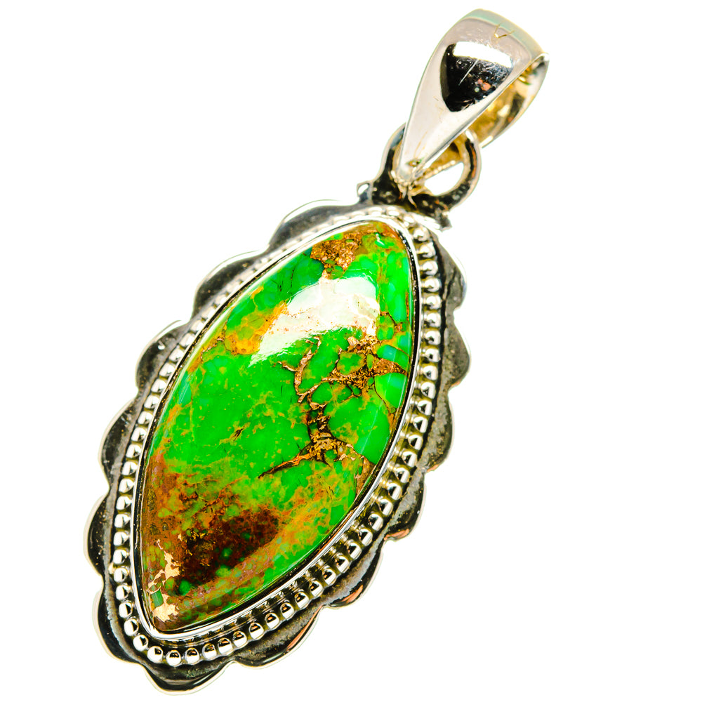 Green turquoise oval pendant charm with engraved silver frame and hanging bail