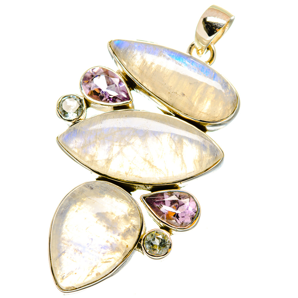 Gold-tone teardrop moonstone pendant with purple and green gemstone details, top bail