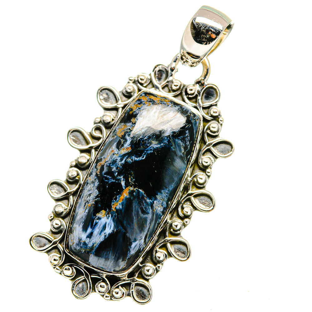 Pietersite pendant necklace charm, 925 sterling silver ornate frame, blue cabochon drop.