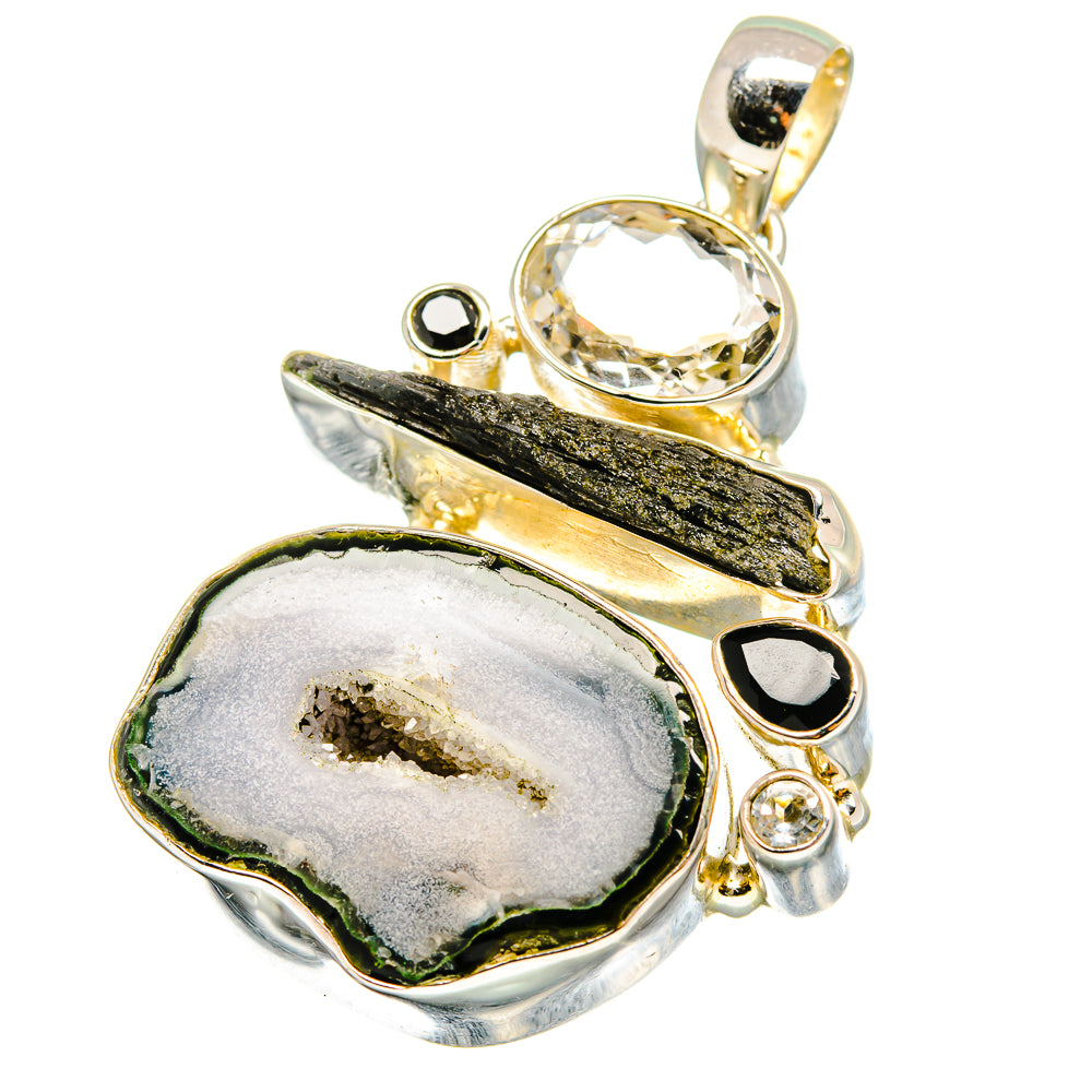 Coconut Geode Slice, White Quartz, Black Tourmaline, Black Onyx Pendants handcrafted by Ana Silver Co - PD13623