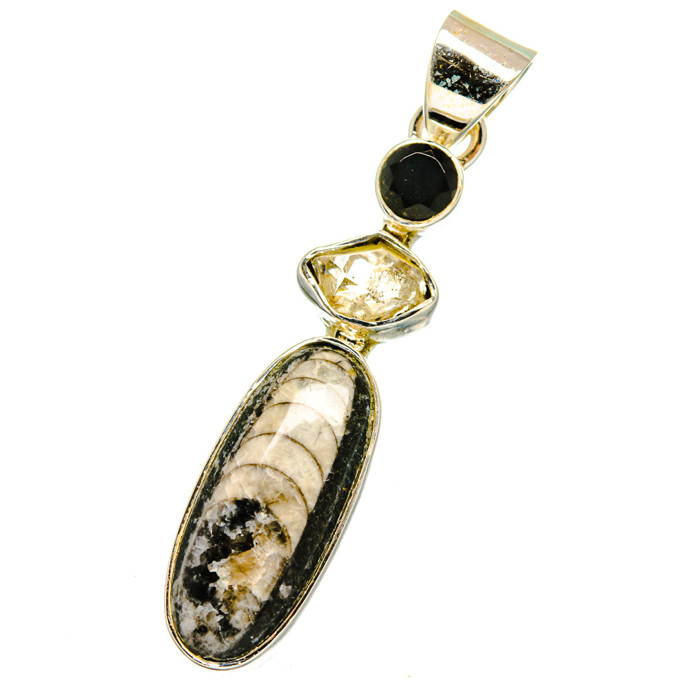 Orthoceras Fossil, Herkimer Diamond, Black Onyx Pendants handcrafted by Ana Silver Co - PD13661