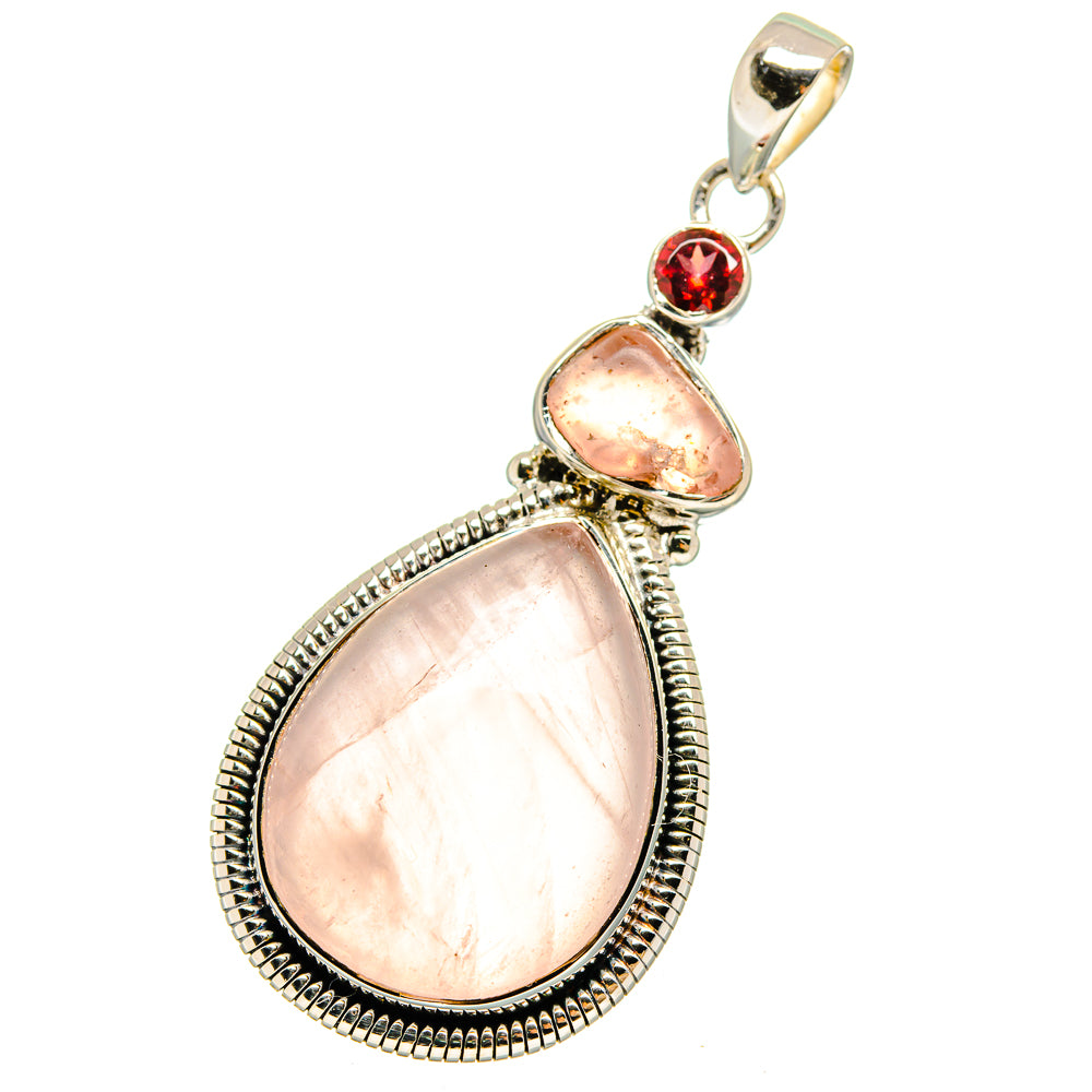 Sterling silver drop pendant with rose quartz teardrop and garnet round stone