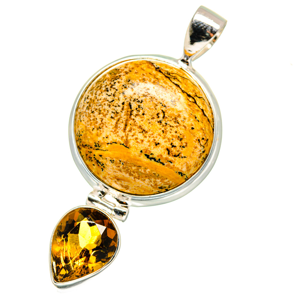 Picture jasper and citrine pendant in 925 sterling silver, round jasper with teardrop citrine