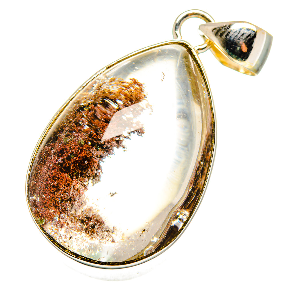 Teardrop quartz pendant with silver bail, white and brown stone with gold-tone rim