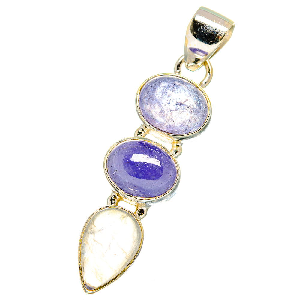 Sterling silver pendant with three oval cabochon stones, purple and white, bail loop at top
