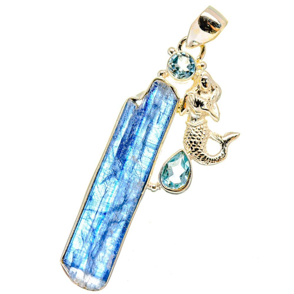 Mermaid-themed pendant with rough blue stone bar, round blue cabochon, and drop accents.