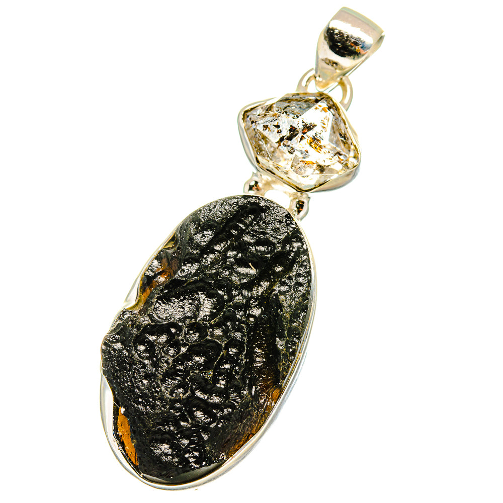 925 silver pendant with black tektite stone and clear diamond bezel setting