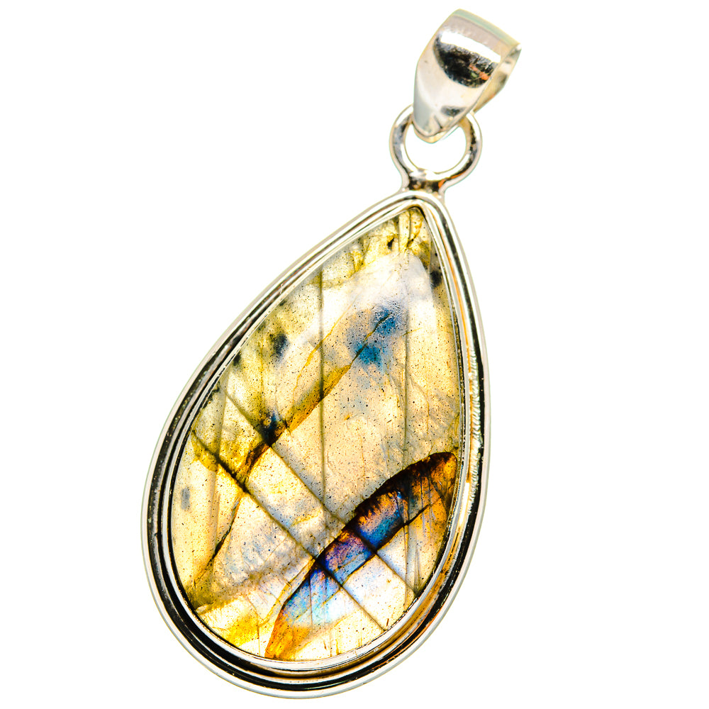 Labradorite sterling silver teardrop pendant with yellow and blue iridescent stone