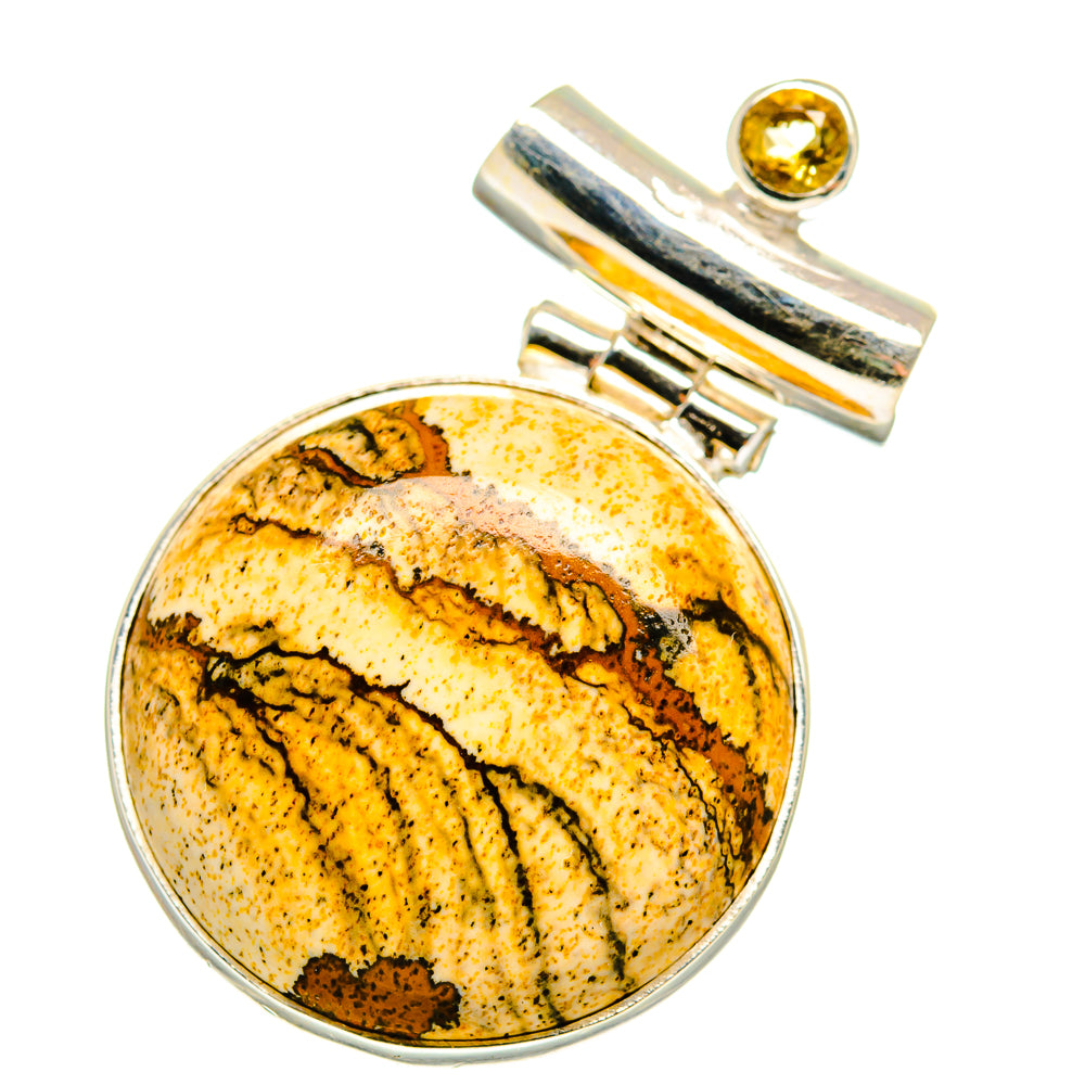 Round picture jasper pendant in sterling silver with citrine-top bail and bezel