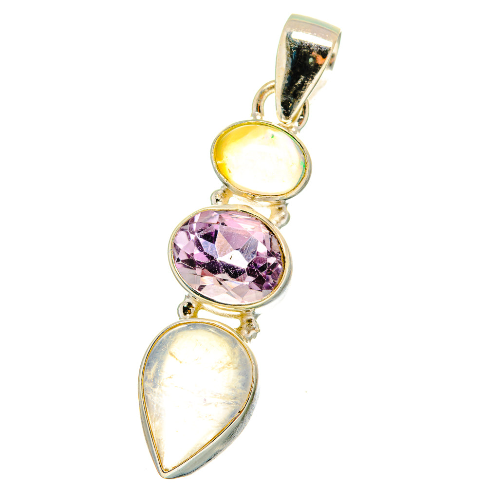 Sterling silver gemstone pendant with round opal, purple amethyst, and oval moonstone