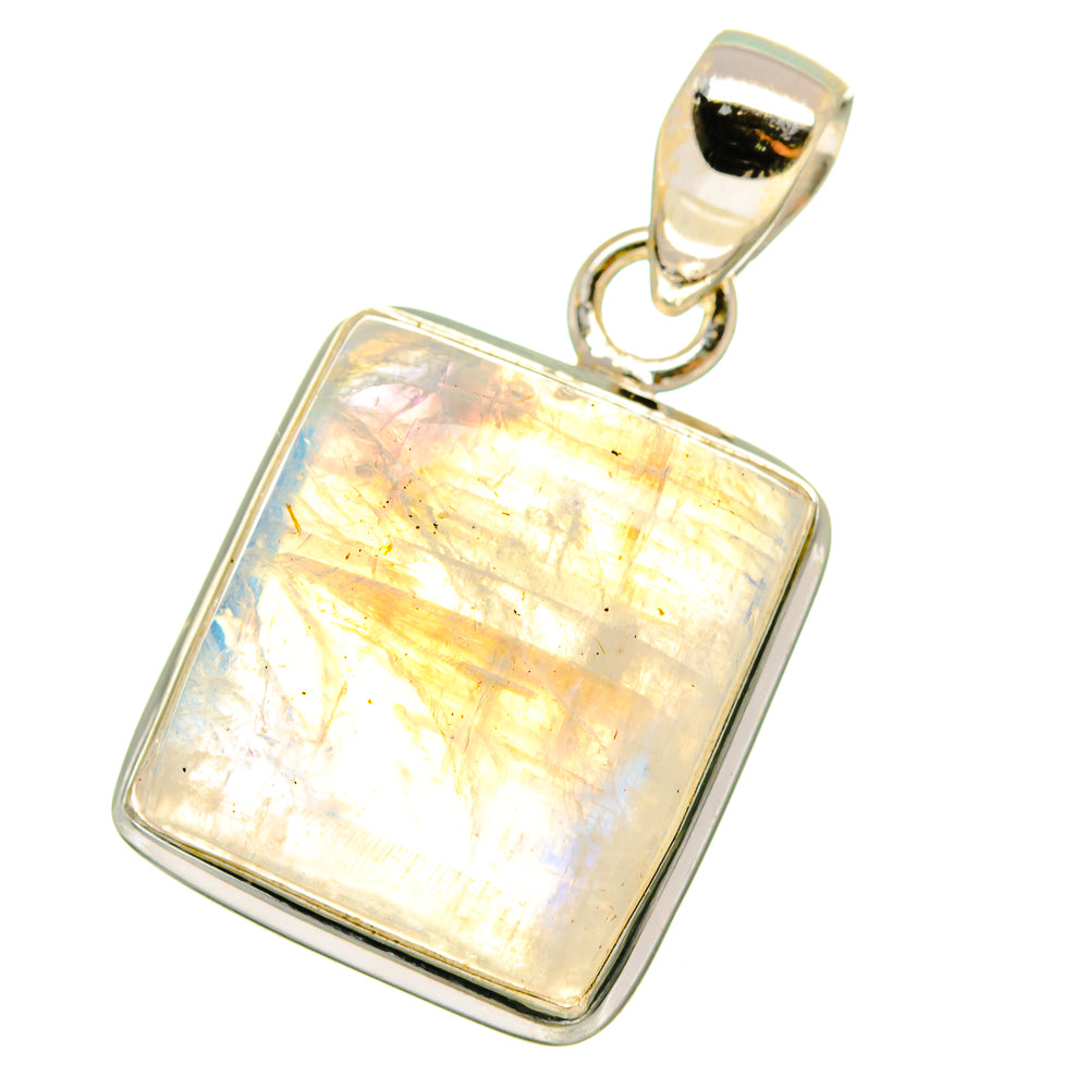 Sterling silver moonstone pendant with square-cut rainbow gemstone and teardrop bail