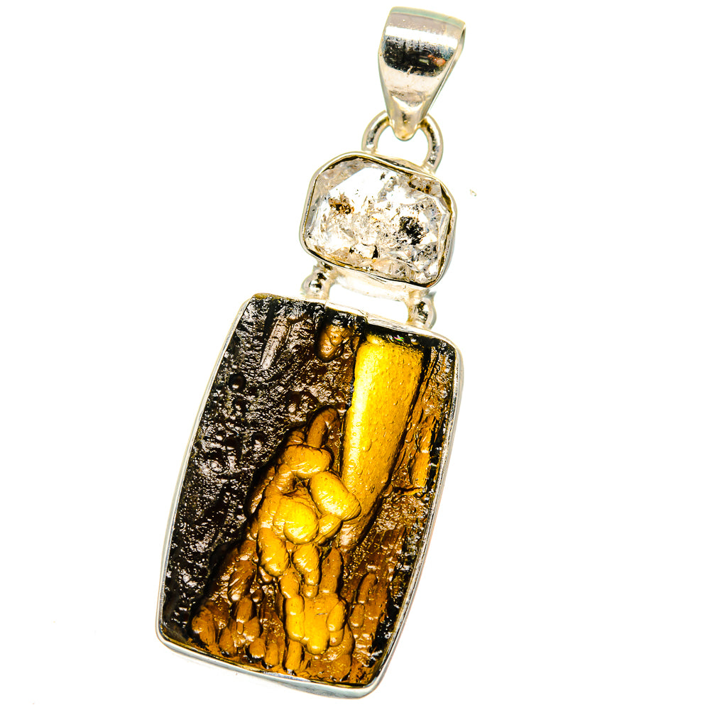 925 sterling silver pendant with rectangular amber-and-black stone, bail and loop top