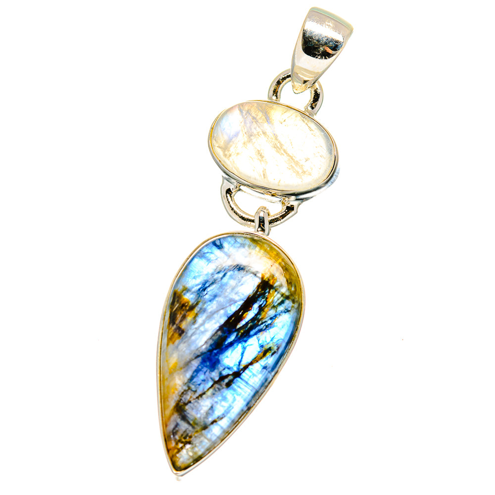 Layered moonstone oval and teardrop kyanite pendant with bail in 925 sterling silver